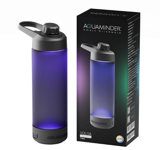 Aquaminder Smart Water Bottle Glows & Beeps to Remind You to Drink More 770 ml Chug Cap Bottle For Adults and Kids Perfect For Gift, Travel, Gym, Yoga, Black, Silicone