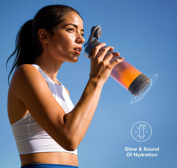 Aquaminder Smart Water Bottle Glows & Beeps to Remind You to Drink More 770 ml Chug Cap Bottle For Adults and Kids Perfect For Gift, Travel, Gym, Yoga, Black, Silicone