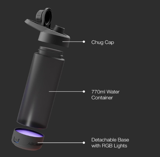 Aquaminder Smart Water Bottle Glows & Beeps to Remind You to Drink More 770 ml Chug Cap Bottle For Adults and Kids Perfect For Gift, Travel, Gym, Yoga, Black, Silicone