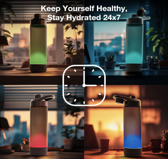 Aquaminder Smart Water Bottle Glows & Beeps to Remind You to Drink More 770 ml Chug Cap Bottle For Adults and Kids Perfect For Gift, Travel, Gym, Yoga, Black, Silicone